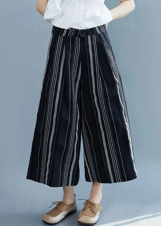 Black Striped Cotton Wide Leg Pants Spring