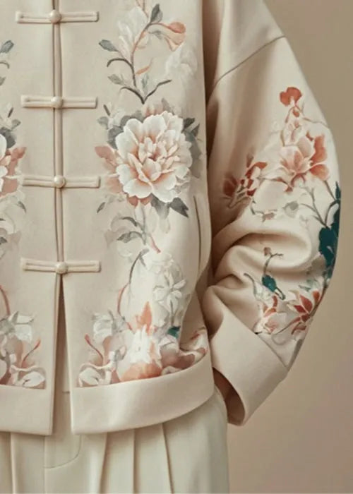 Beige Button Print Loose Cotton Fall Coat Stand Collar