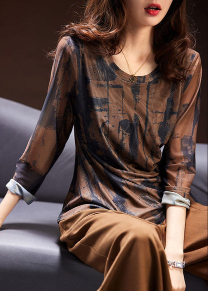 Coffee Print Asymmetrical Wrinkled Top Long Sleeve