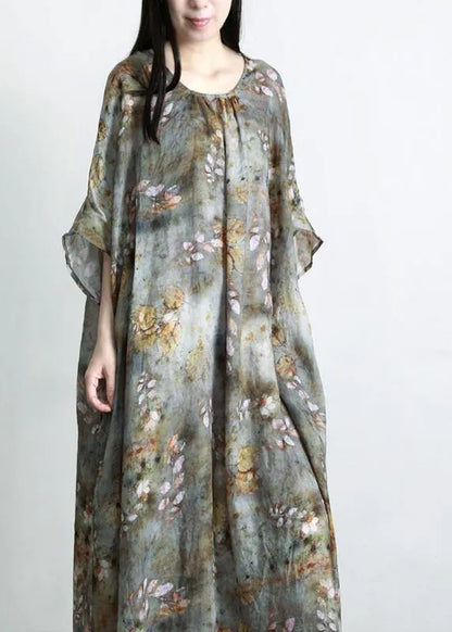 Grey Green Print Linen Pockets Summer Dresses