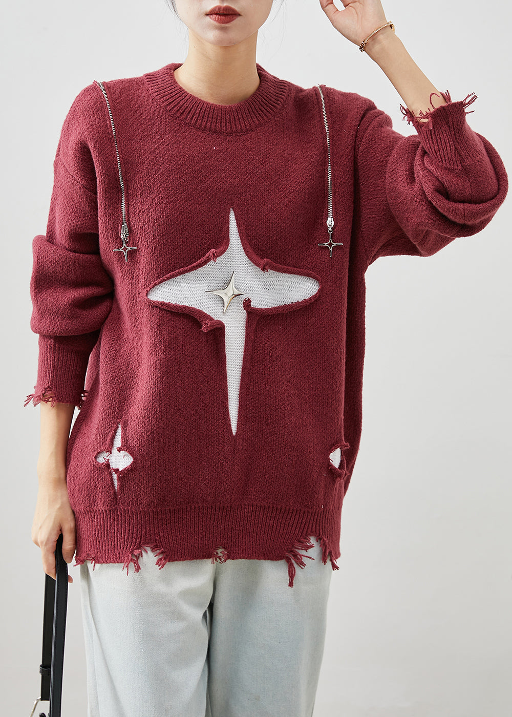 Mulberry Zip Up Cold Shoulder Knit Sweater Tops Winter