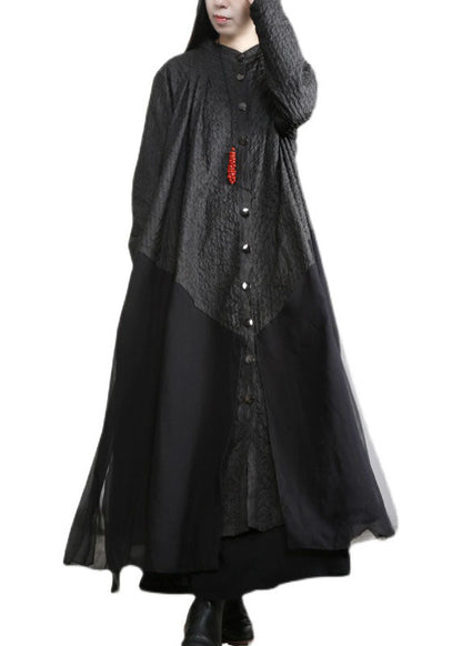 Black Stand Collar Button Patchwork Cotton Loose Coat Fall