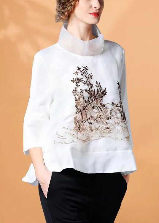 White Stand Collar Embroidered Silk Shirt Spring
