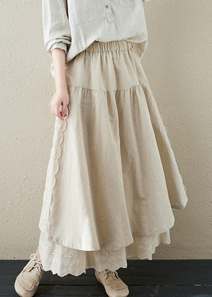 Brief Khaki Embroideried Patchwork Elastic Waist Linen a Line Skirt Summer