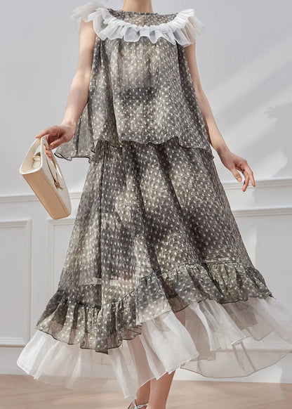 Natural Grey Dot Patchwork Shirt and Maxi Skirts Two Piece Set Summer