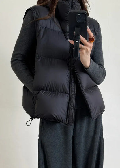 Black Drawstring Duck Down Winter Waistcoat Zip Up