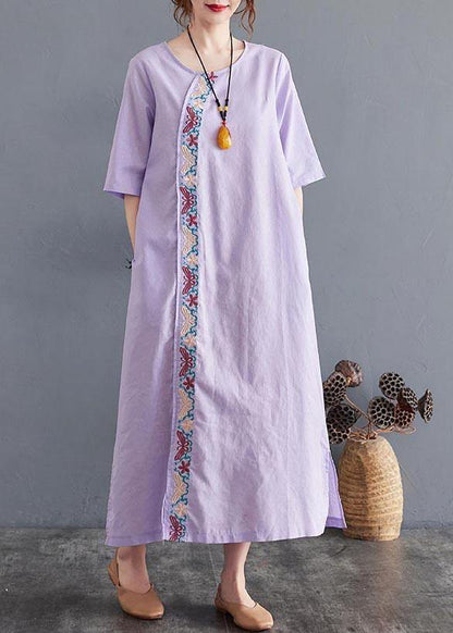 Comfy Comfy Light Purple Embroidery Cotton Linen Maxi Summer Dress