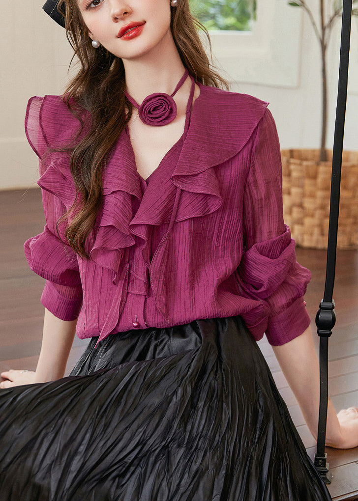 Purple V Neck Ruffled Patchwork Removable Shirts Fall
