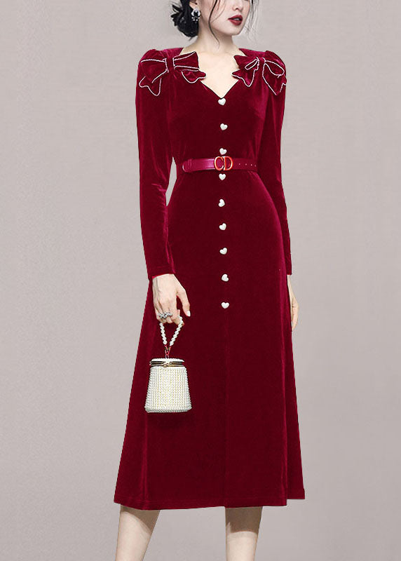 Red V Neck Bow Tie Waist Patchwork Velour Long Dress Fall