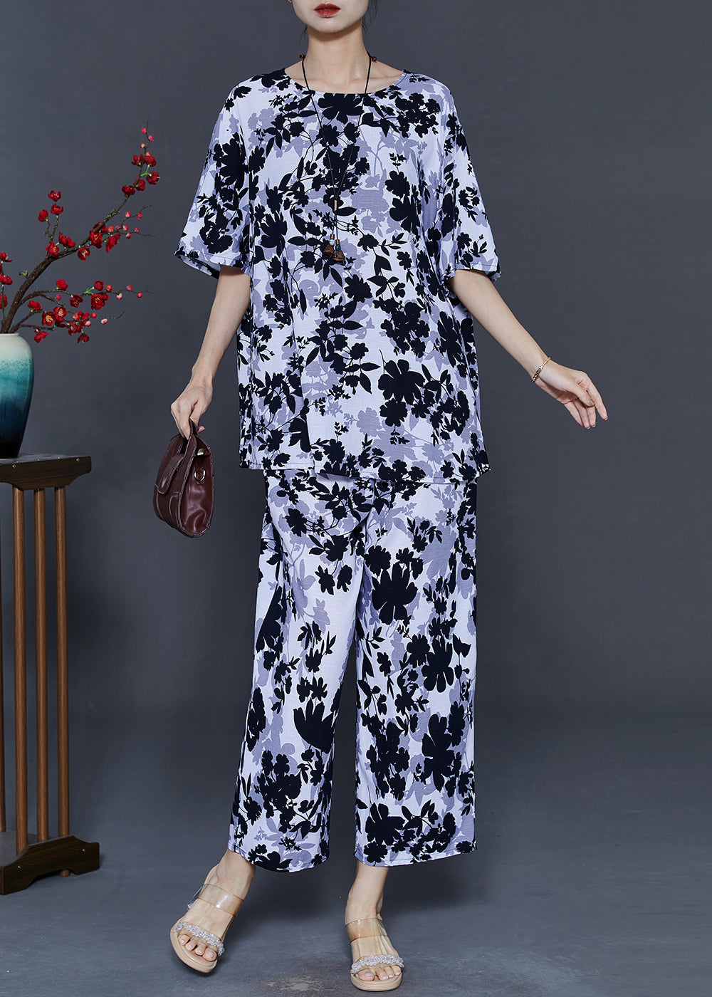 Art White O-neck Leaf Print Cotton Two Pieces Set Summer