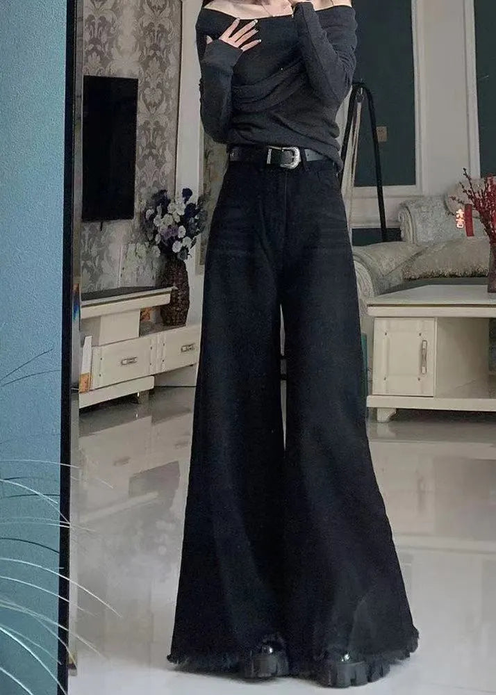 Black Tasseled Pockets Denim Wide Leg Pants Spring