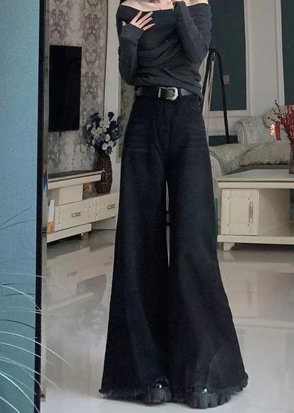 Black Tasseled Pockets Denim Wide Leg Pants Spring