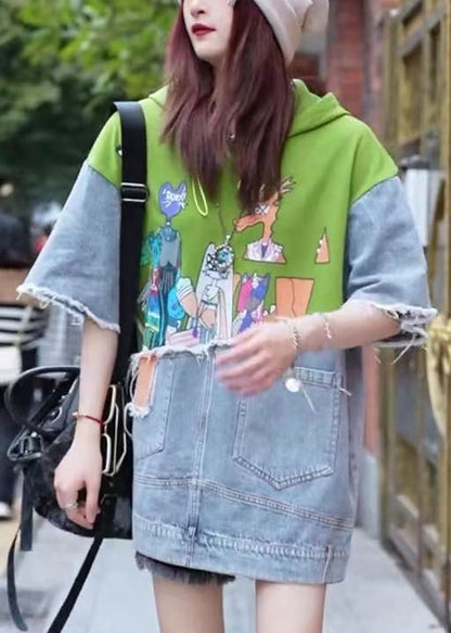 Original Design Green Cartoon Print Denim Patchwork Hooded Tops Summer
