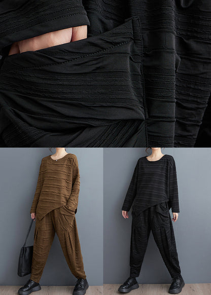 Coffee Asymmetrical Pockets Cotton Two Pieces Set O-neck Long Sleeve