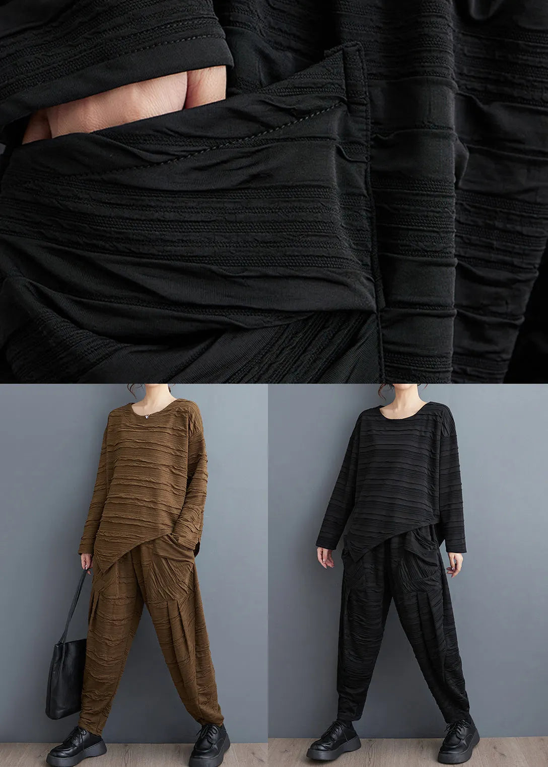 Loose Black Wrinkled Patchwork Tops and Harem Pants Cotton Two Pieces Set Fall