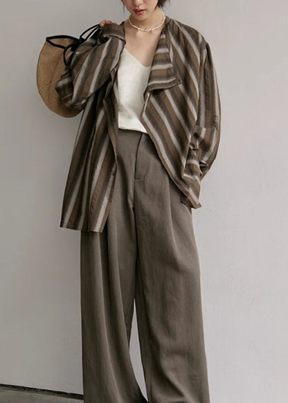 Coffee Striped Button Cotton Blouses Fall