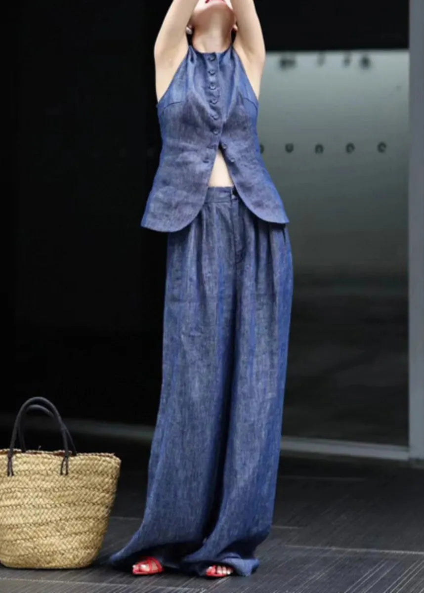 Fine Blue O Neck Button Denim Two Pieces Set Sleeveless