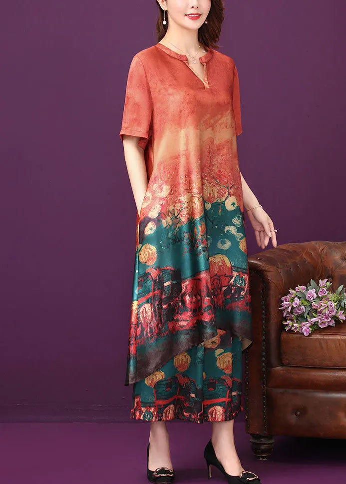 Red O-neck Print Silk Long Dress and Straight Pant Two Piece Set Summer