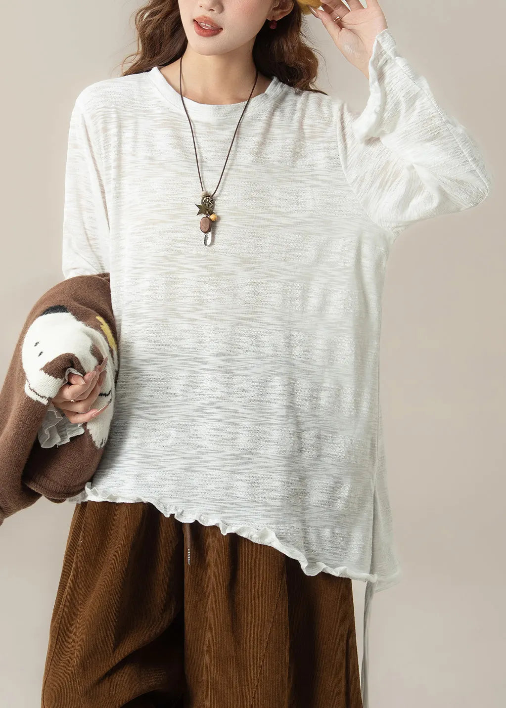 Coffee Dogs Knit Vest and White Ruffled T Shirt Knit Two Pieces Set Spring