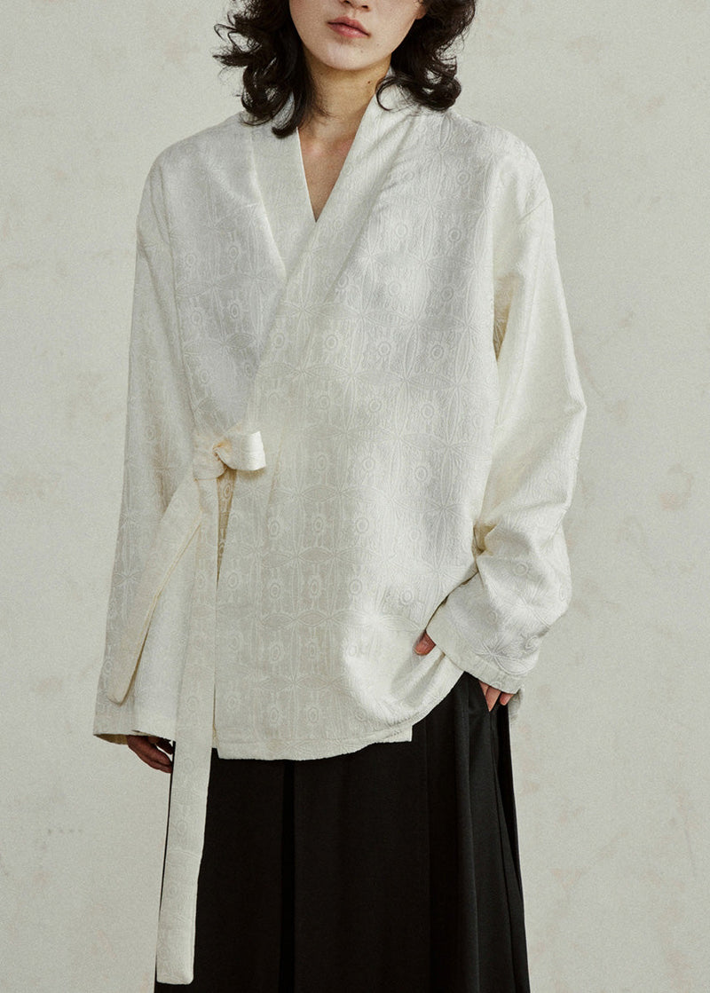 Jacquard Beige V Neck Top Long Sleeve