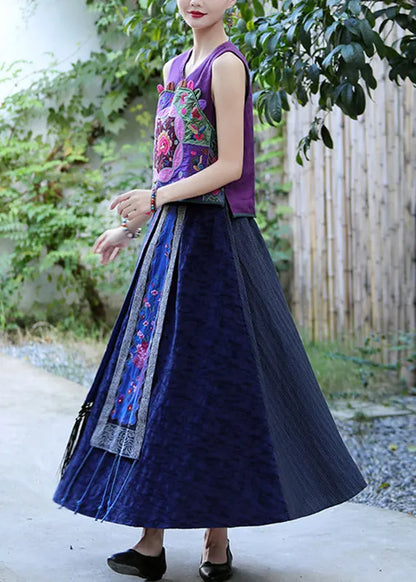 Art Purple Embroideried Linen Waistcoat Fall