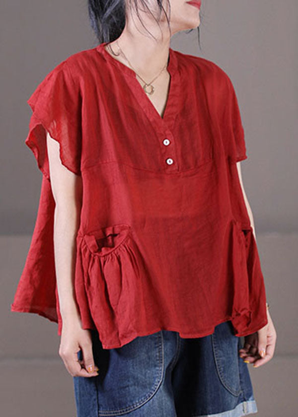 Red V Neck Patchwork Cotton Linen Tank Tops Short Sleeve