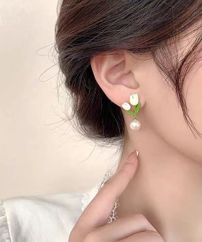 White Sterling Silver Alloy Pearl Tulip Stud Earrings