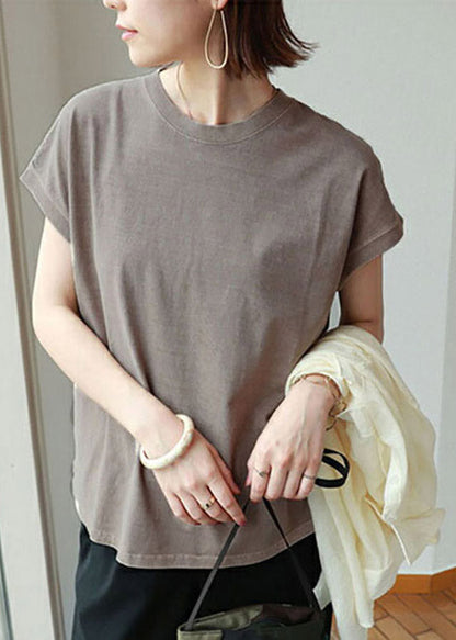 Brief Camel O-neck Side Open Cotton T Shirt Short Sleeve