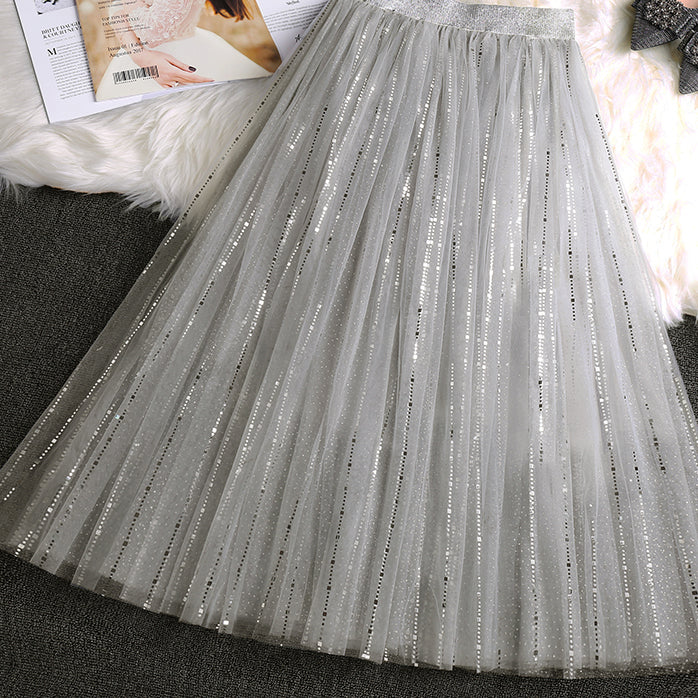 Handmade Grey Sequins Tulle Pleated Summer Skirts