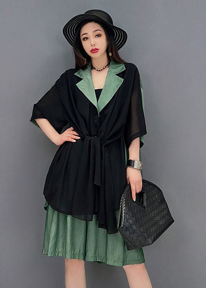 Black Blue Notched Collar Asymmetrical Patchwork Chiffon Two Pieces Set Summer