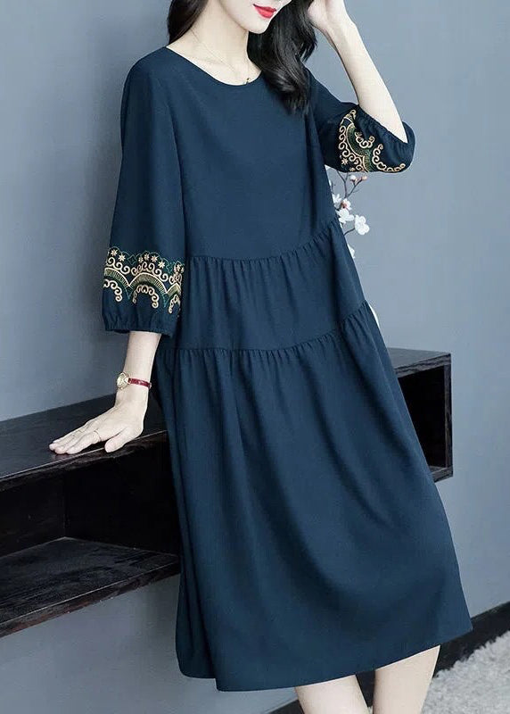 Loose Navy O-neck Embroidered Cotton Dresses Bracelet Sleeve Summer