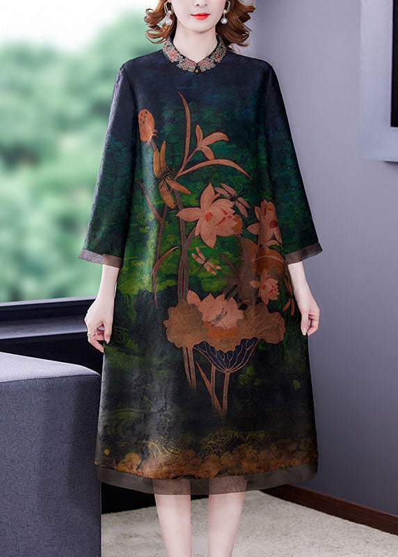 Green Embroideried Patchwork Zippered Silk Dresses Bracelet Sleeve