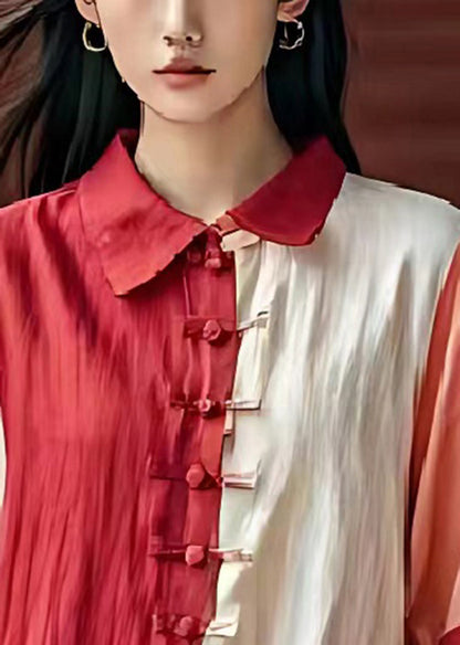 Red Asymmetrical Patchwork Chinese Button Linen Shirt Top Summer