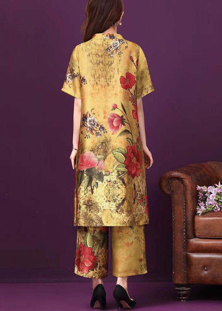 Yellow Stand Collar Pockets Print Silk Two Pieces Set Short Sleeve
