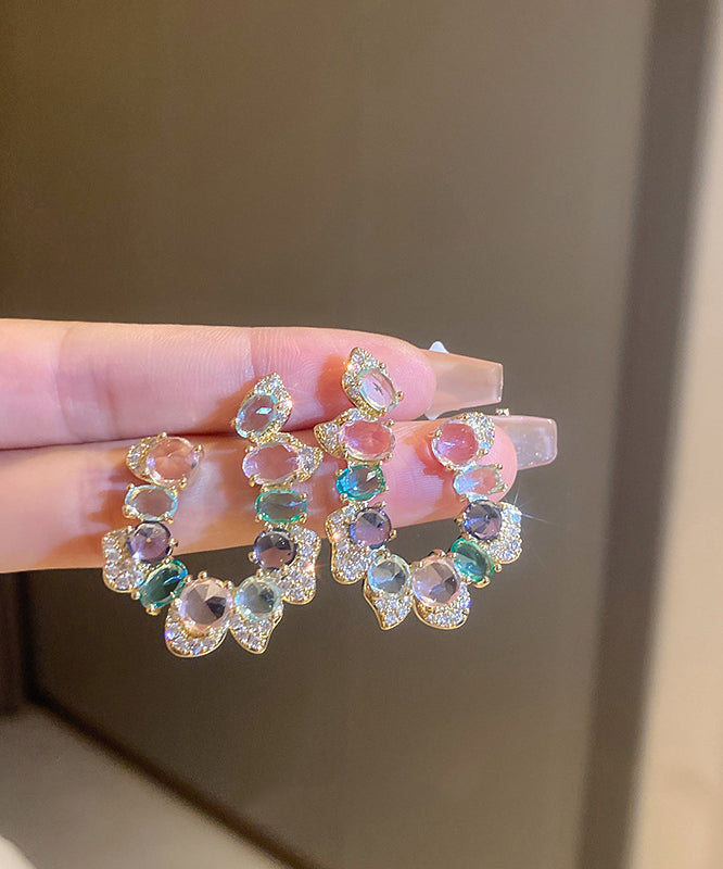 Rainbow Copper Zircon Crystal Asymmetric U Shaped Hoop Earrings