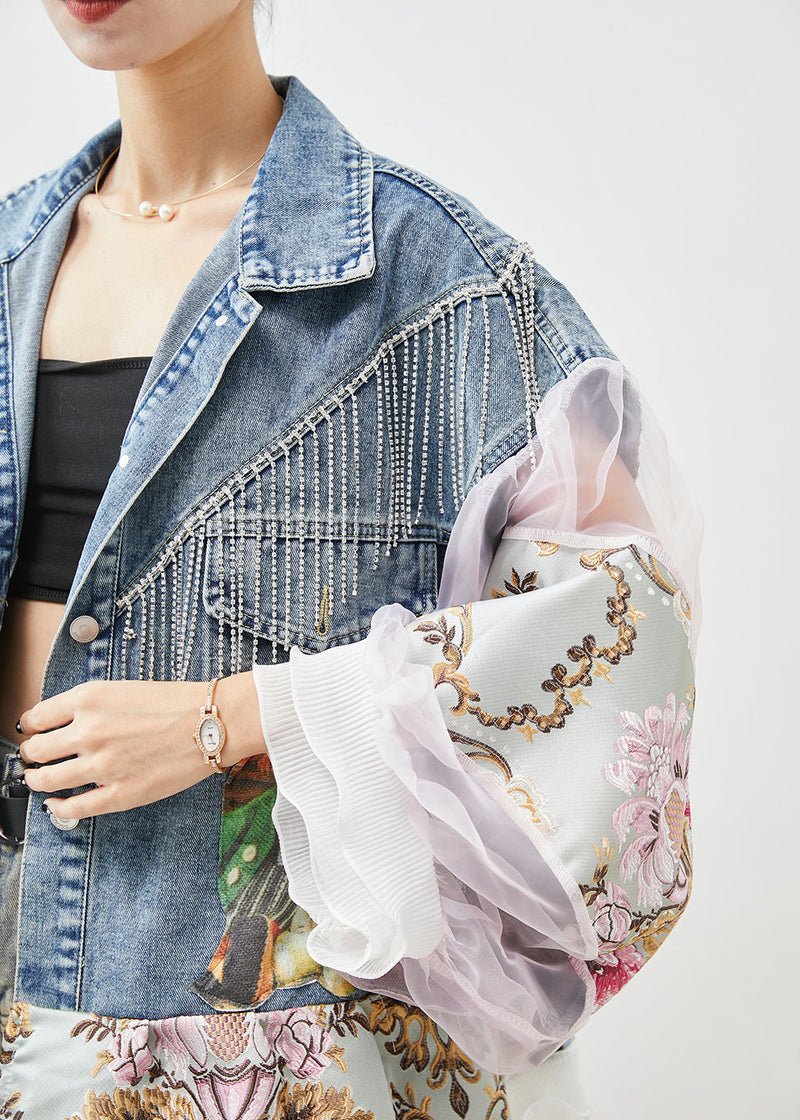 Blue Tasseled Patchwork Tulle Denim Coat Lantern Sleeve