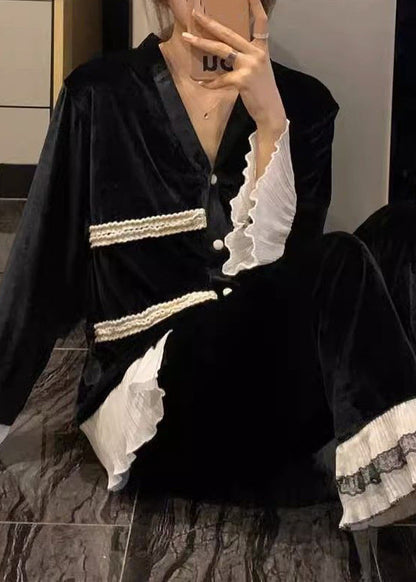Black V Neck Lace Patchwork Silk Velvet Two Pieces Set Spring