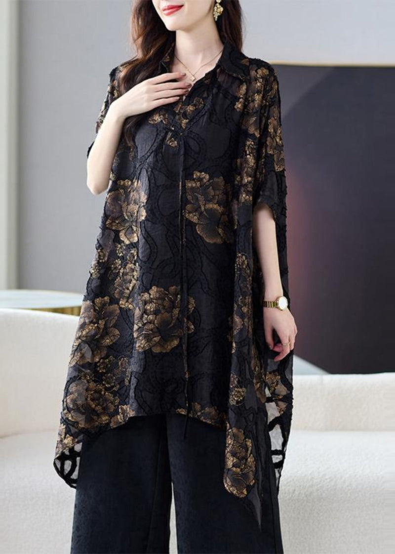 Black Asymmetrical Silk Blouse Tops Summer