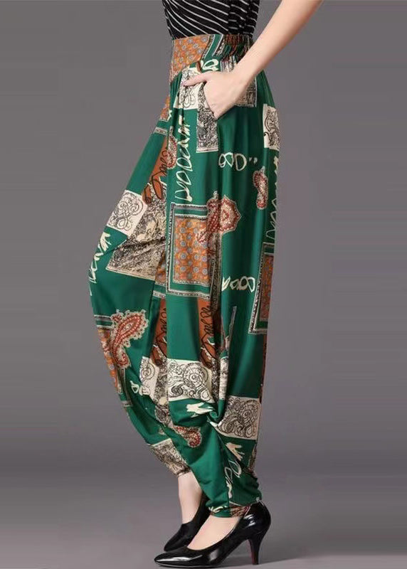 Green Pockets Wrinkled Print Cotton Pants Fall