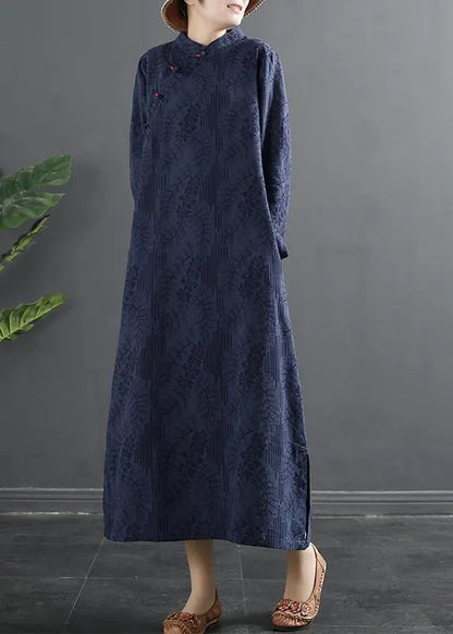 Stand Collar Dress Blue Jacquard Maxi Dresses