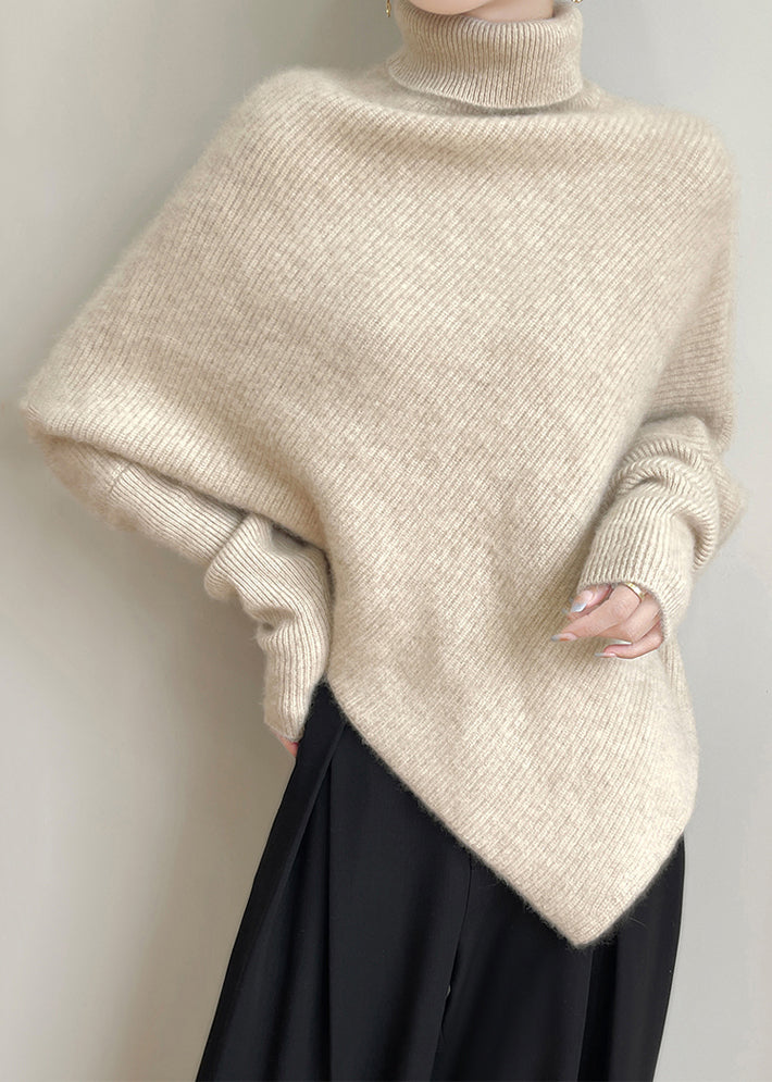Beige Woolen Knit Batwing Sleeve Sweaters Turtleneck