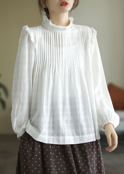 French White Ruffled Patchwork Cotton Shirt Top Long Sleeve Fall