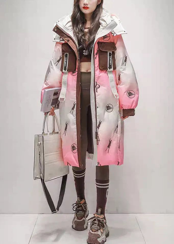 Pink Gradient Color Hooded Zippered Duck Down Long Coats Winter