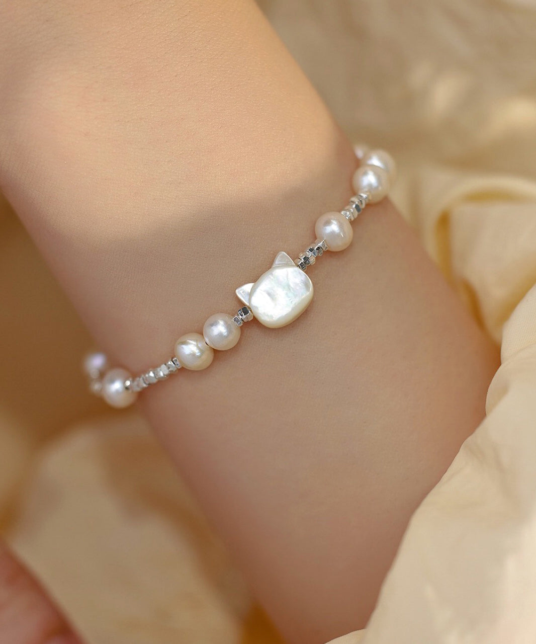 Diy White Sterling Silver Pearl Little Cats Crushed Silver Bracelet