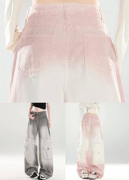 Pink Gradient Color Pockets High Waist Denim Pants Spring