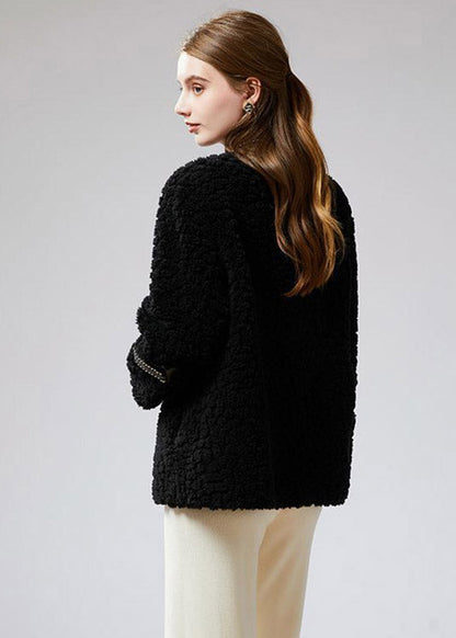 Black V Neck Patchwork Sashes Faux Fur Coat Winter