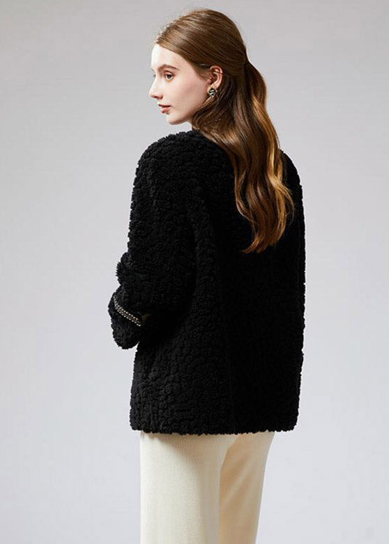 Black V Neck Patchwork Sashes Faux Fur Coat Winter