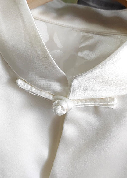 White Stand Collar Chinese Button Print Silk Tops Spring