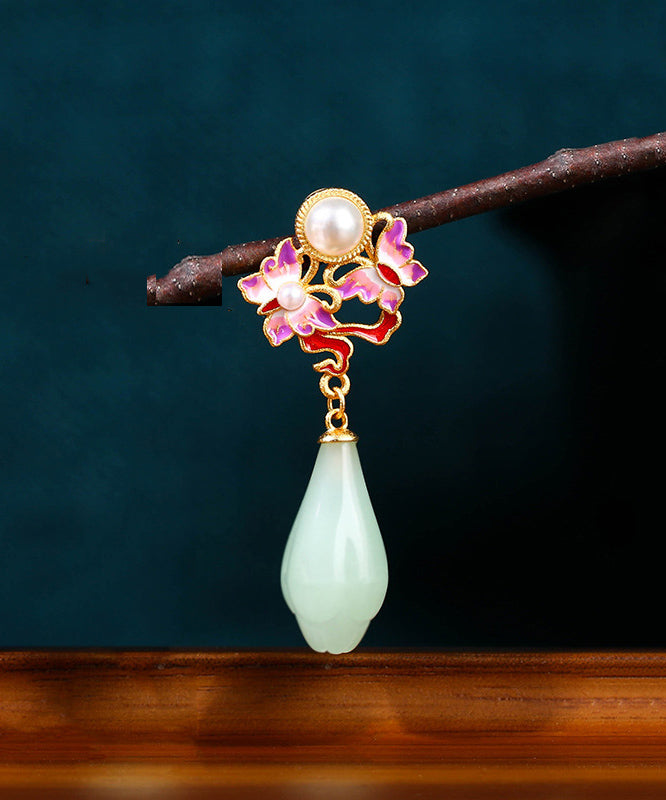Fine Light Green Copper Overgild Pearl Jade Butterfly Drop Earrings