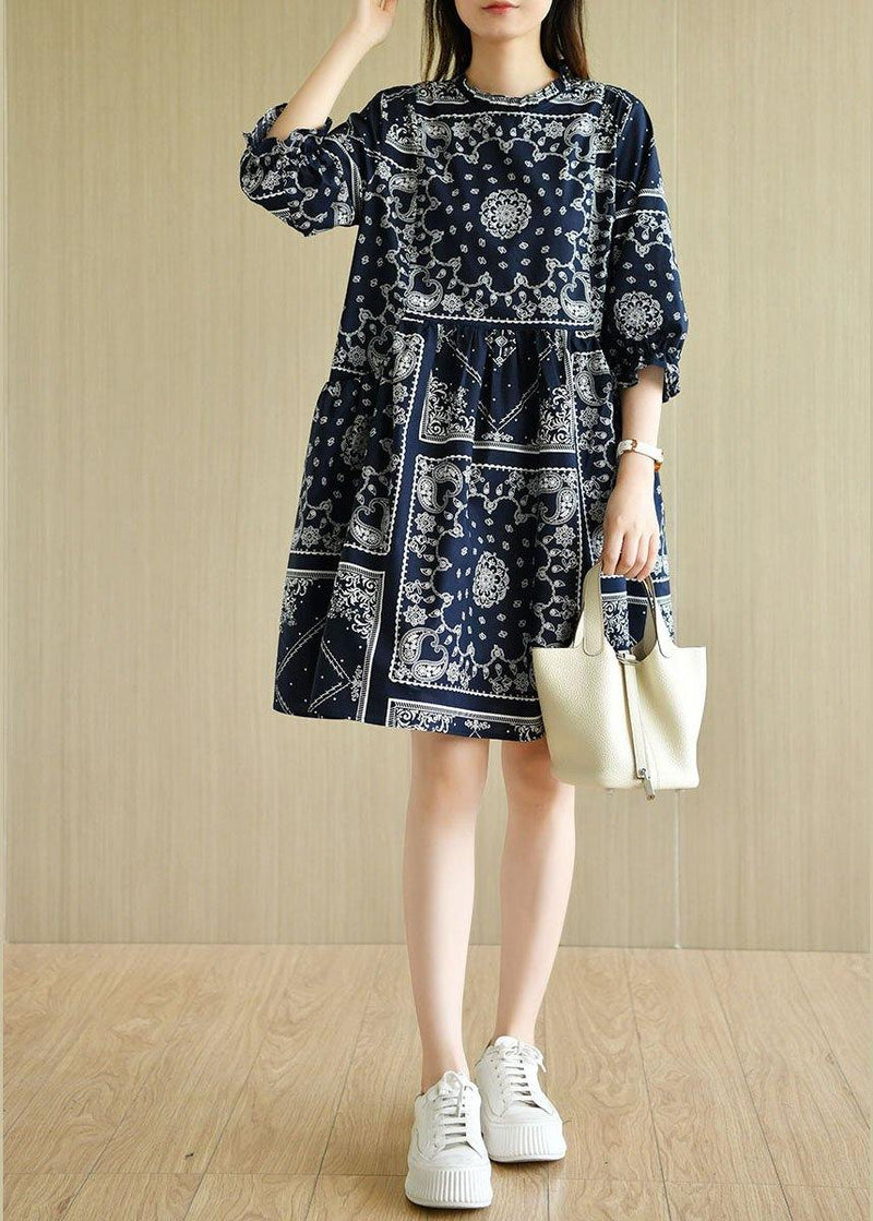 Boutique Navy Loose O-neck Print Summer Cotton Dress Half Sleeve